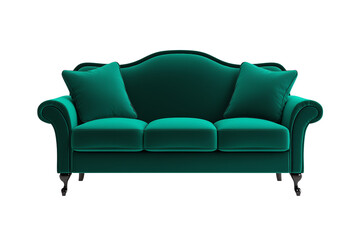 Fototapeta premium A plush, teal sofa featuring curved arms and two decorative pillows, exuding elegance and comfort.