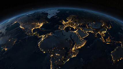 The Earth's outer space at night has many lights from the big cities.