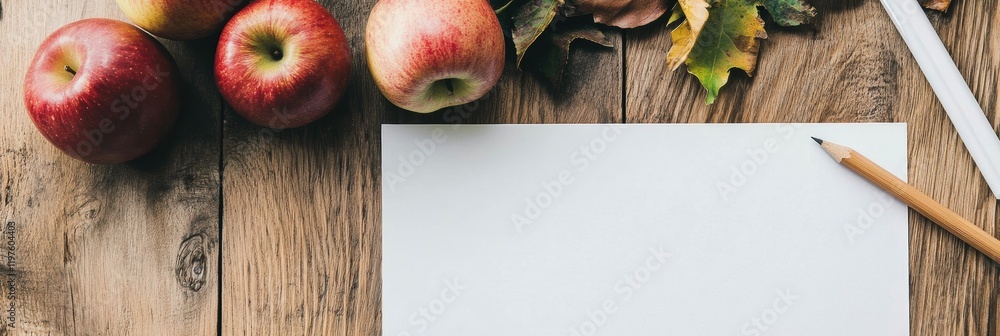 Poster Fresh apples and blank paper on wooden table ready for fall recipes or notes. Generative AI
