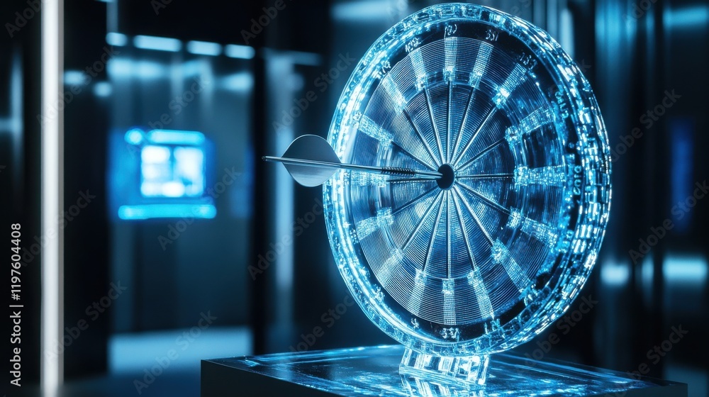 Poster futuristic digital dartboard with target in high-tech environment