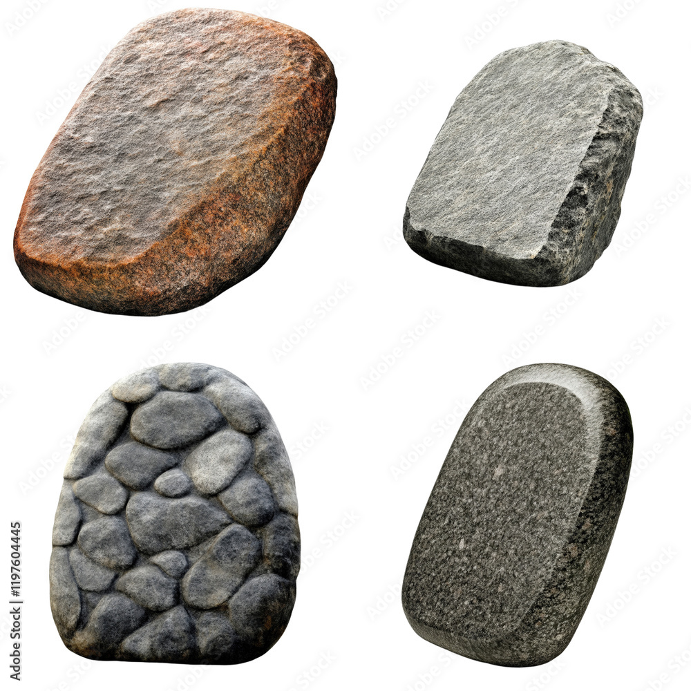 Poster set of four unique rocks displayed on a black background for natural texture and design inspiration 