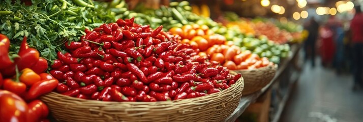 Fototapeta premium Fresh red chili peppers in a wicker basket at a vibrant farmers market, surrounded by other colorful produce.