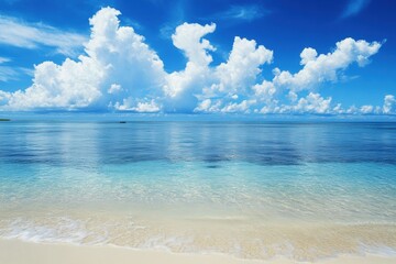 Fototapeta premium Beautiful serene ocean view with clear blue water and fluffy clouds in the sky suitable for text overlay. Generative AI