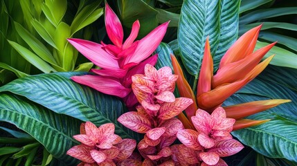Vibrant pink and orange tropical flowers and lush green leaves.