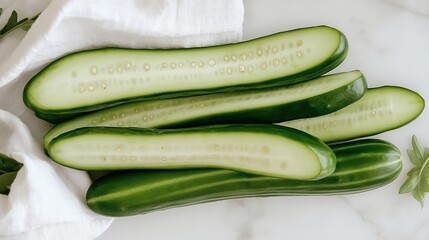 Freshly Sliced Cucumbers on Marble Surface