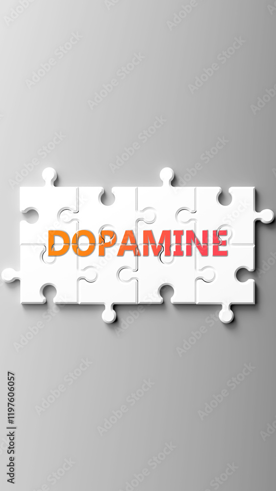 Poster dopamine complex like a puzzle - pictured as word dopamine on a puzzle pieces to show that dopamine 