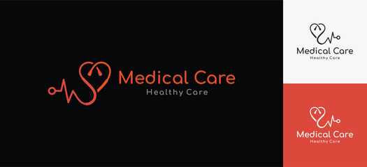 Stethoscope logo vector with heart concept and heartbeat icon line style. Medical health doctor logo