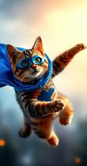 Fototapeta premium Cat wearing a blue superhero costume is flying through the air