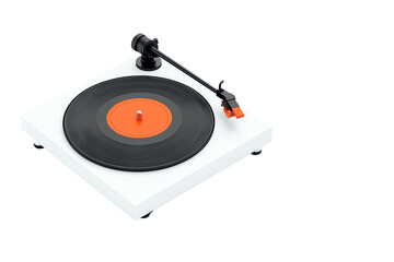 Fototapeta premium A modern turntable featuring a black vinyl record with an orange center, designed for high-quality audio playback.