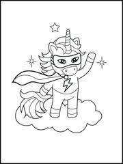 Superhero Unicorn Coloring Page for Kids. A Fun and Printable Black and White Activity Sheet for Kindergarten.
