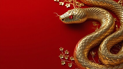 Obraz premium Luxury Red and Gold Chinese New Year 2025 Background – Creative Snake Zodiac Design with Lanterns and Floral Motifs, Chinese New Year copy space background, 2025 Lunar New Year Celebration