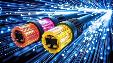 The image showcases vibrant optical cables emitting light, symbolizing high-speed data transmission and advanced technology.