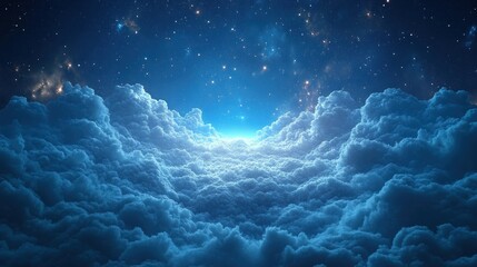 A breathtaking view of luminous clouds illuminated by a radiant light, set against a starry night sky