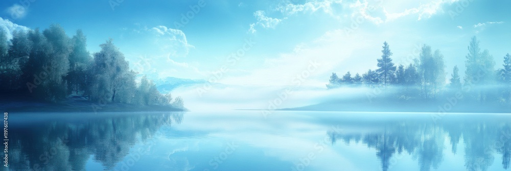 Poster tranquil lakeside view with misty atmosphere and clear skies inviting peaceful reflection and relaxa