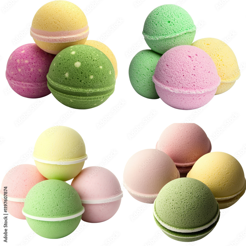 Poster assorted colorful macarons arranged on a white plate with a soft focus background on white backgroun