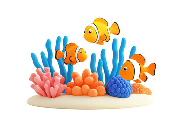 Colorful clownfish swimming among vibrant coral and sea plants, showcasing a lively underwater scene.
