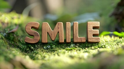 Wooden Smile Sign on Mossy Log Nature Image