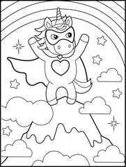 Superhero Unicorn Coloring Page for Kids. A Fun and Printable Black and White Activity Sheet for Kindergarten.
