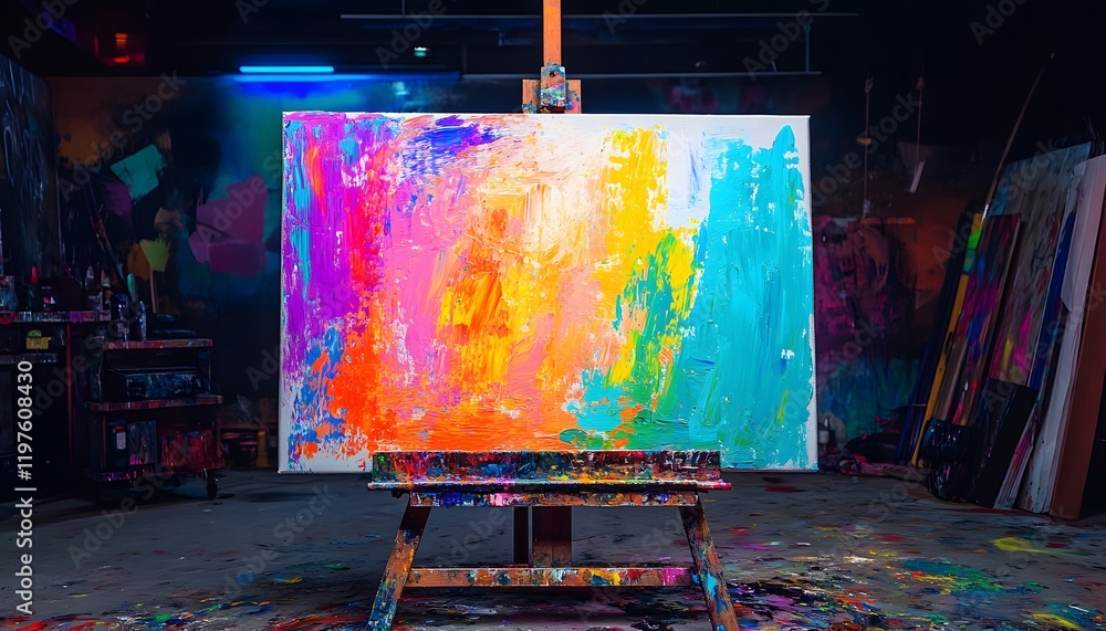 Poster vibrant abstract painting on easel in an art studio with colorful splashes and creative atmosphere