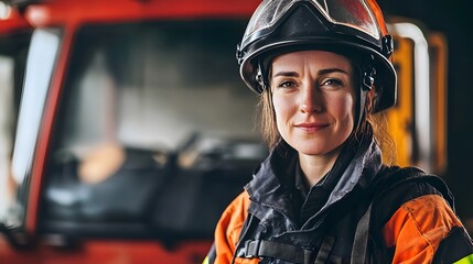 Portrait of a confident female firefighter in uniform, standing in front of a firetruck.  She looks directly at the camera with a calm, determined expression.  A symbol of strength and bravery.