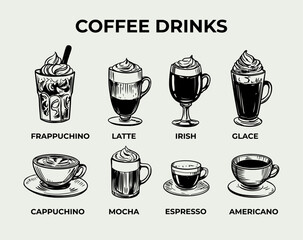 Set of illustrations of coffee drinks, cappuccino, americano, latte, mocha, irish. Vector sketch, hand drawn