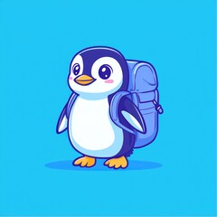 Obraz premium A cartoon penguin with backpack ready for travel on a plain background suitable for children's books