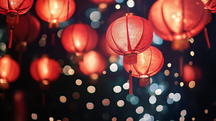 A photograph of red lanterns floating in the air, creating an atmosphere full of festive and joyful Chinese New Year elements. chinese new years