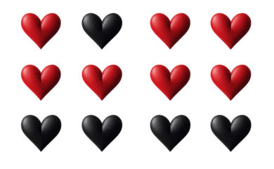 A set of red and black hearts, arranged in rows on a transparent background png  (2)