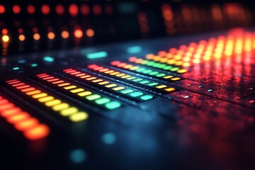 Obraz premium Professional audio mixer with colorful lights in a dark studio setting