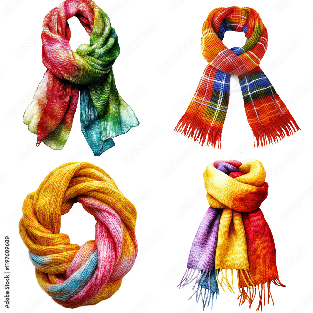 Poster four colorful scarves arranged on a black background showcasing various patterns and textures for fa
