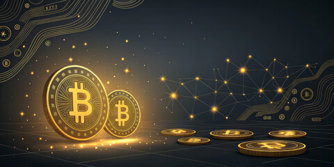 Bitcoin coins with glowing digital network lines on a dark background, representing cryptocurrency and blockchain concepts. Ideal for fintech, investment, and technology businesses, with copy space