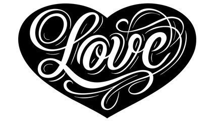 Minimalist Black and White Heart Illustration with Cursive Love Text for Valentine's Day
