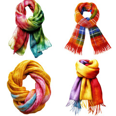 Naklejka premium Four colorful scarves arranged on a black background showcasing various patterns and textures for fashion on white background , cut out.