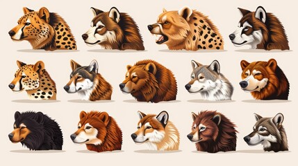 Fototapeta premium Collection of wild animal families cheetah, bear, wolf, and hyena on white background