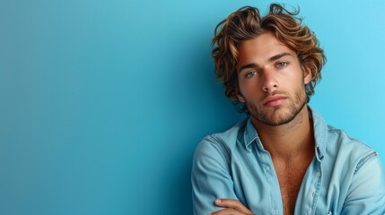 Obraz premium Confident professional in light blue shirt with arms crossed against minimalist studio backdrop