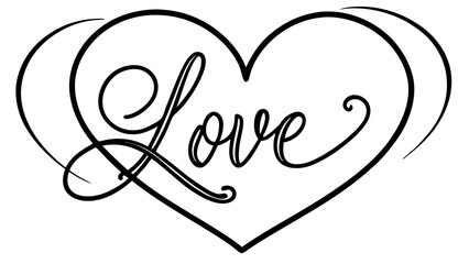 Minimalist Black and White Heart Illustration with Cursive Love Text for Valentine's Day