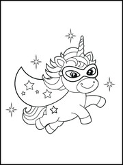 Superhero Unicorn Coloring Page for Kids. A Fun and Printable Black and White Activity Sheet for Kindergarten.
