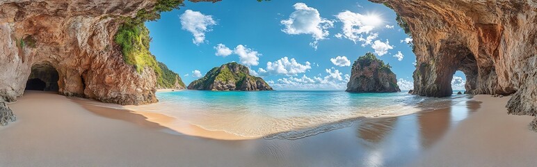 Fototapeta premium Secluded Beach Paradise: A Panoramic View from a Cave