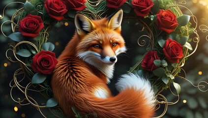 Fototapeta premium Fox and heart shape red roses