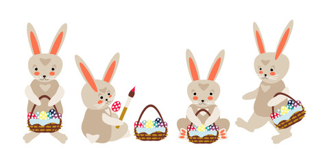 Naklejka premium Set of cartoon gray Easter bunnies with baskets of colorful eggs. Vector illustration for design of cards, banners, invitations, packaging, prints for clothes, stickers