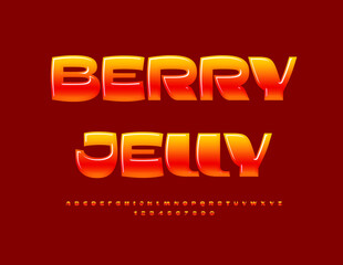 Vector glossy label Fruit Jelly. Modern Stylish Font. Digital Alphabet Letters and Numbers