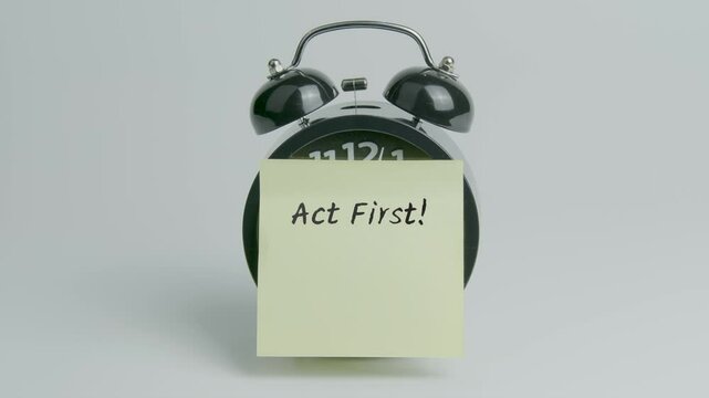 Act First Text or Word on Yellow Note Paper Sticking onto Black Alarm Clock on White Background For Time Concept With Sound