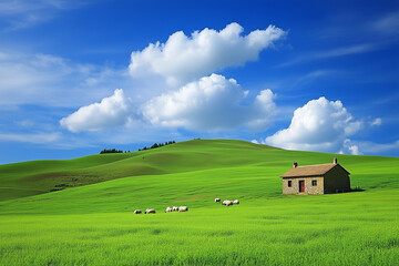 Idyllic Countryside Scenes with Stone Cottages, Green Pastures, and Grazing Sheep