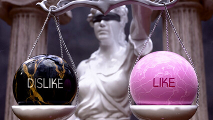 Dislike or Like as a choice, two options to choose from. Greek statue presenting two alternatives: dislike or like, weighing their values. Looking at pros and cons. ,3d illustration