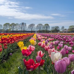 A field of tulips in different colors under a blue sky1