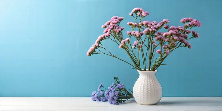 A delicate display of pink limonium sinuatum, statice, flowers in a simple white vase against a stark blue background, creating a striking visual contrast the minimalist arrangement highlights the bea