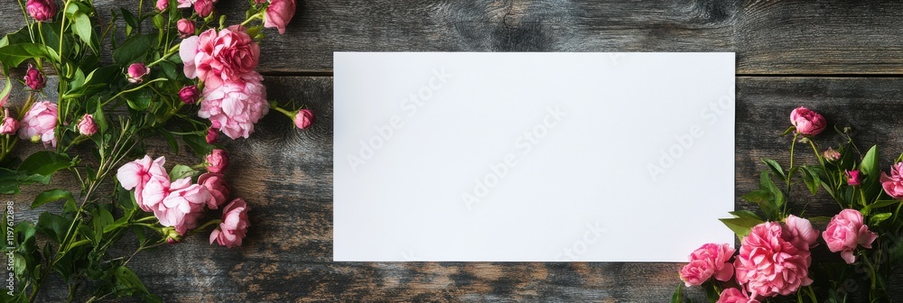 Aufkleber Blank space with pink flowers on rustic wooden table suitable for text or design mock up. Generative AI