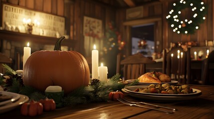 A rustic Thanksgiving dinner scene.