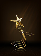 Trophy gold star on podium with ribbon elements and glitter light effects decorations and bokeh. Vector illustration.