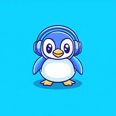 Obraz premium Cute penguin listening music, blue background, illustration, kids